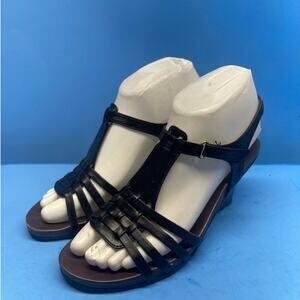 1803 Orthosoft Shoes Wedge Heel Sandals Women Size 37 US 6 Black Leather Buckle